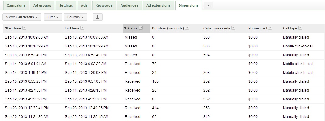 Dimensions Tab Call Details